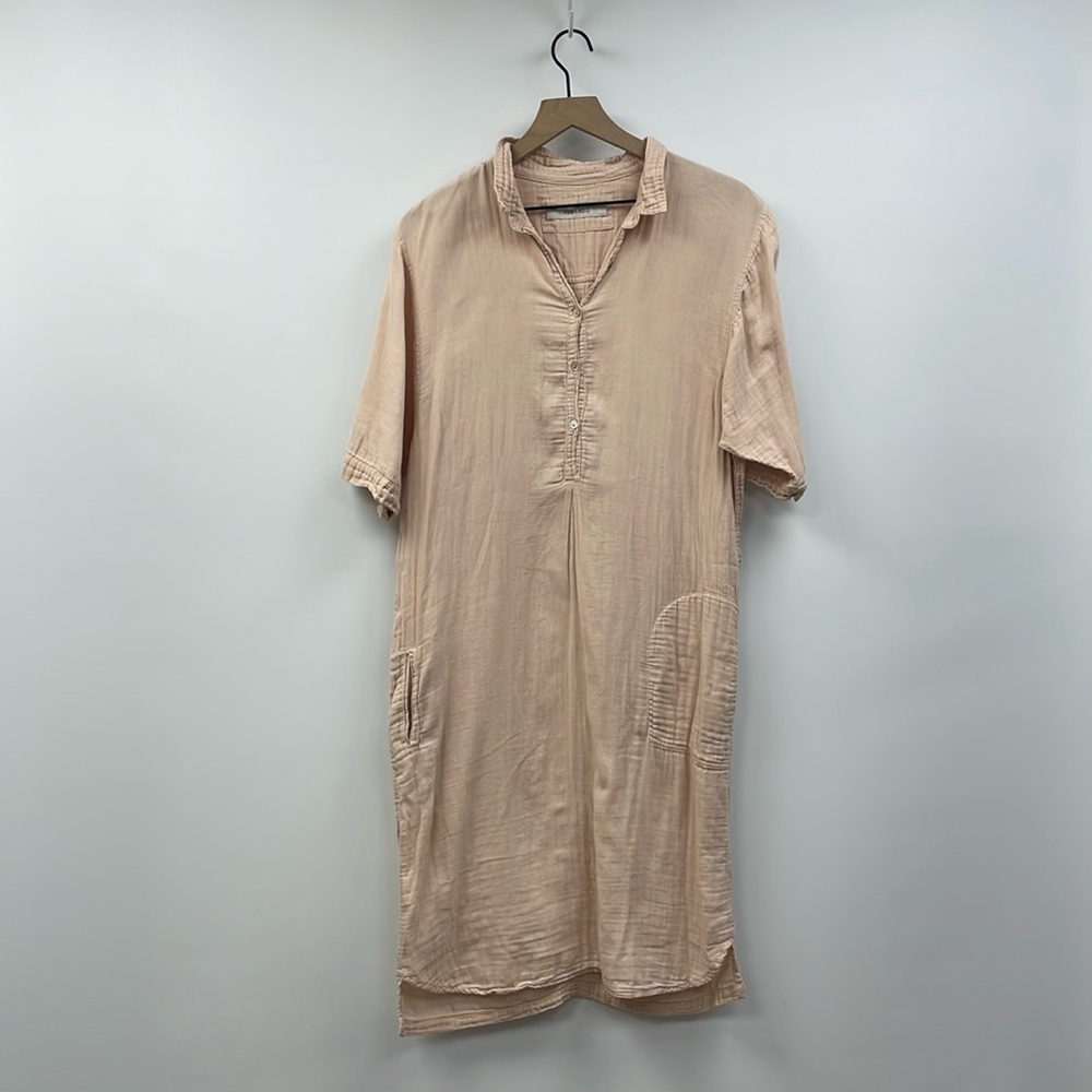 Humanoid Woven Slub Cotton Collared Short Sleeve Shirt Dress Minimalist Pink